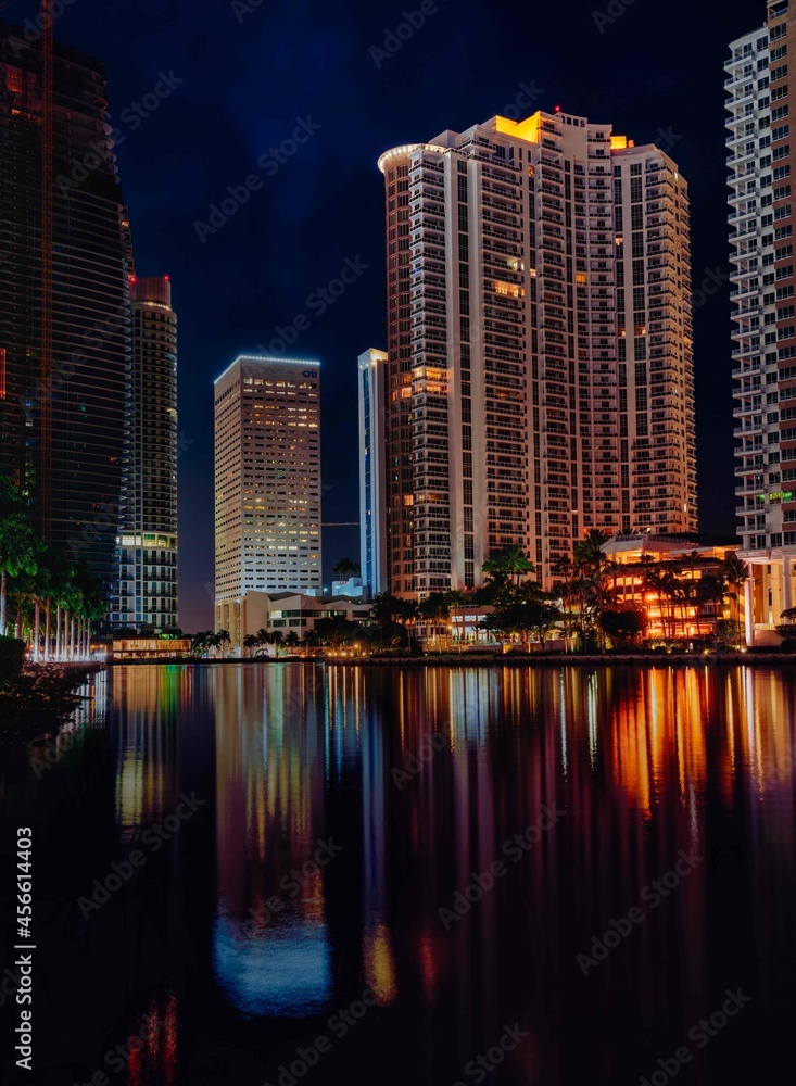 Miami Florida country skyline at night buildings skyscrapers sea reflections urban bay  