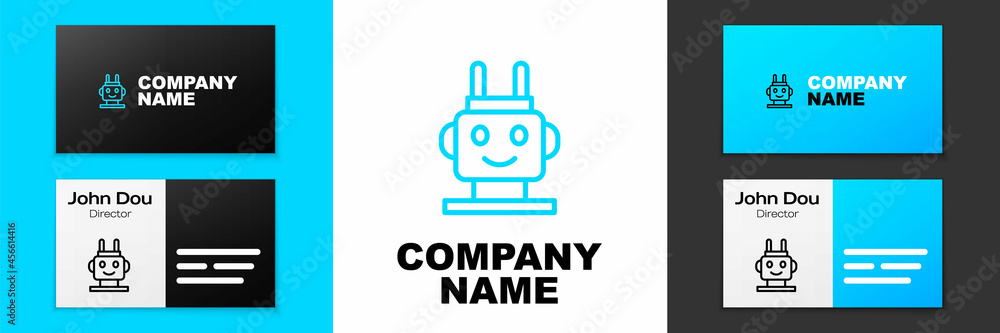 Blue line Robot toy icon isolated on white background. Logo design template element. Vector