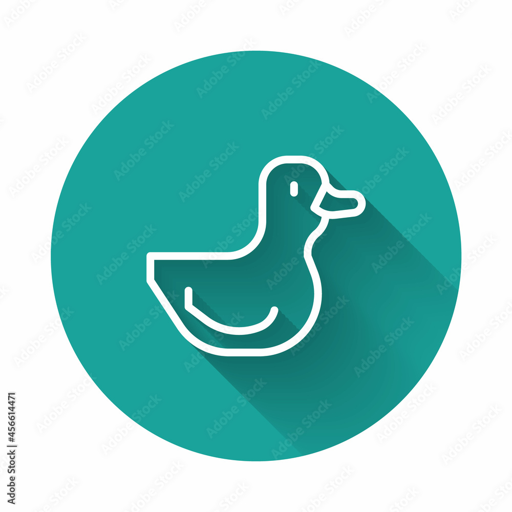 White line Rubber duck icon isolated with long shadow background. Green circle button. Vector White line Rubber duck icon isolated with long shadow background. Green circle button. Vector