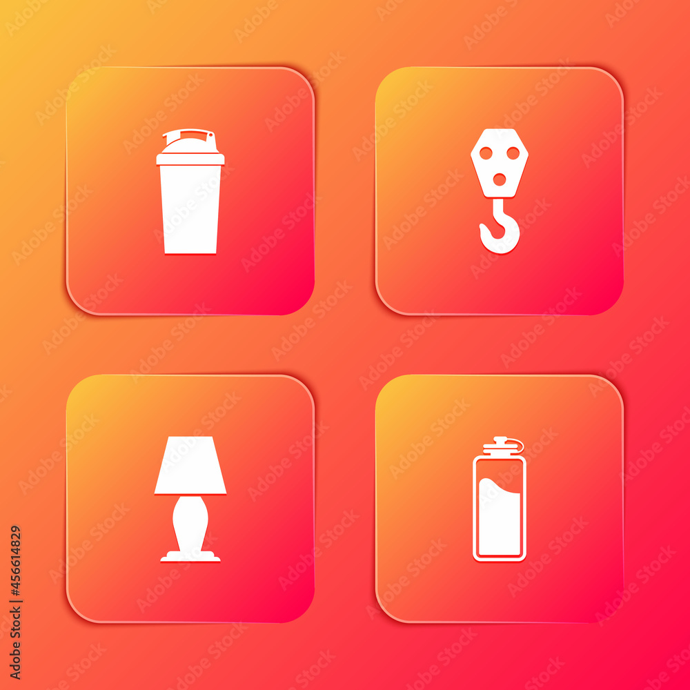 Set Fitness shaker, Industrial hook, Table lamp and Sport bottle with water icon. Vector Set Fitness shaker, Industrial hook, Table lamp and Sport bottle with water icon. Vector