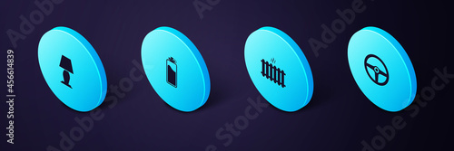 Set Isometric Steering wheel, Heating radiator, Sport bottle with water and Table lamp icon. Vector