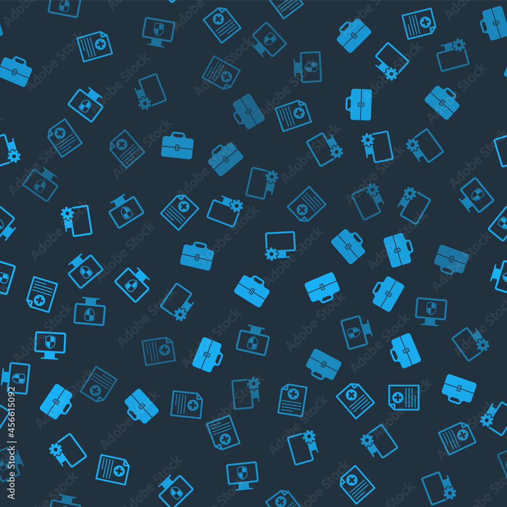 Set Clinical record, Toolbox, Computer monitor and gear and Monitor shield on seamless pattern. Vector Set Clinical record, Toolbox, Computer monitor and gear and Monitor shield on seamless pattern. Vector