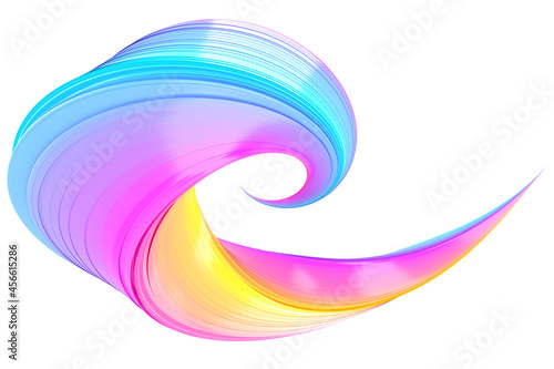 Multicolored abstract twisted brush stroke. Bright curl  artistic spiral. 3D rendering image