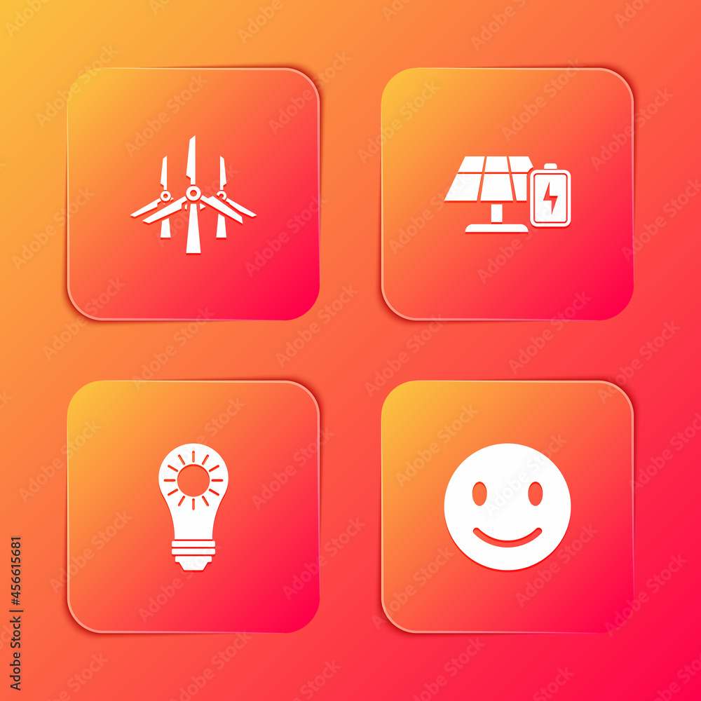 Set Wind turbines, Solar energy panel and battery, and Smile face icon. Vector Set Wind turbines, Solar energy panel and battery, and Smile face icon. Vector