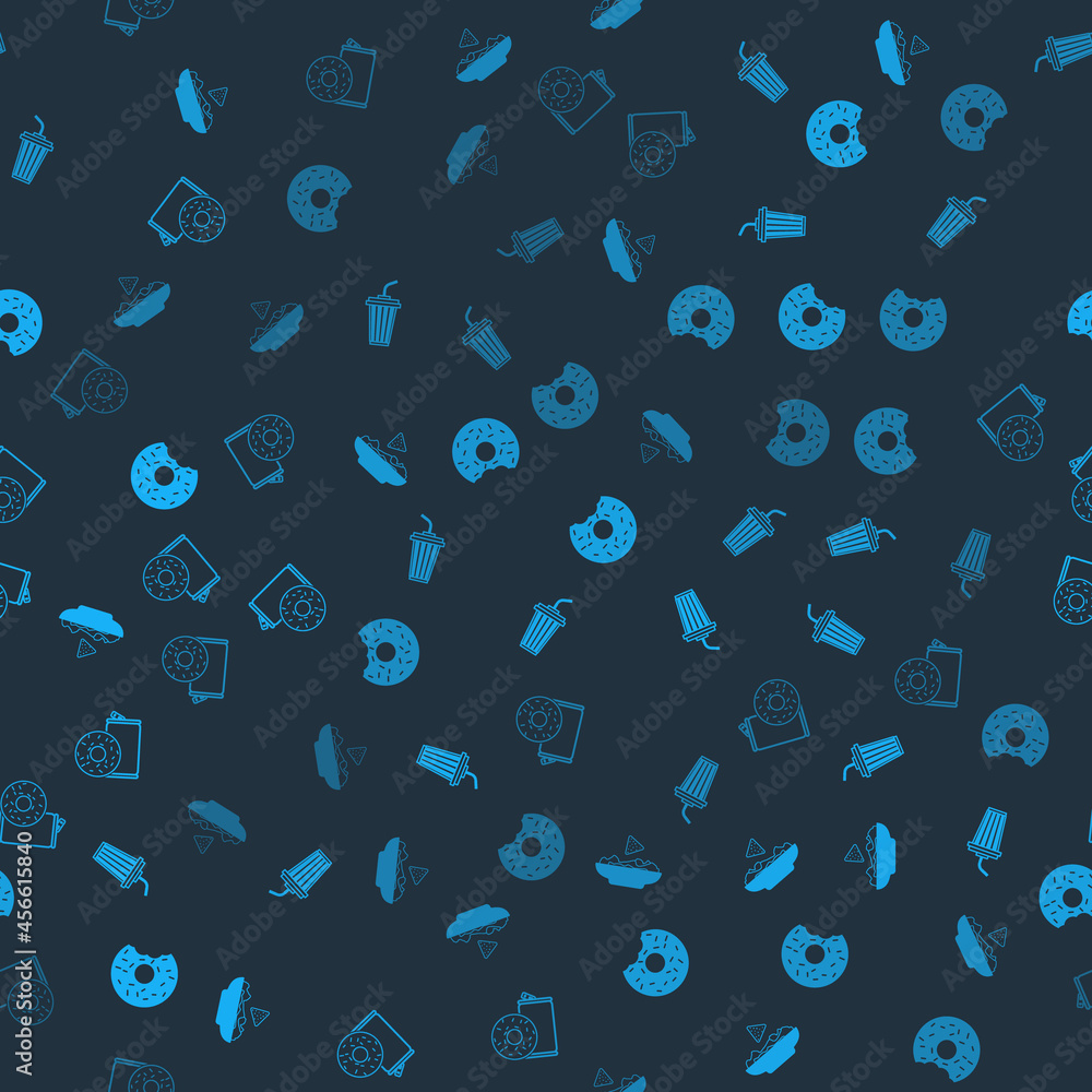Set Nachos in plate, Glass with water, Donut and Aluminum can soda and donut on seamless pattern. Vector Set Nachos in plate, Glass with water, Donut and Aluminum can soda and donut on seamless pattern. Vector