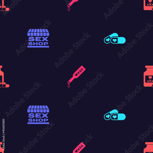 Set Pills for potency, Sex shop building, Spanking paddle and Bottle with pills on seamless pattern. Vector