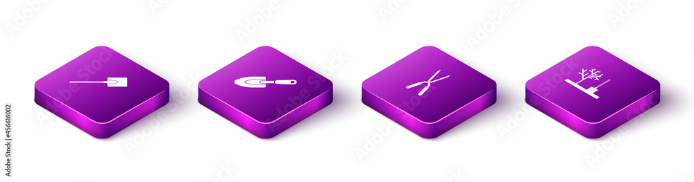 Set Isometric Garden shovel, trowel spade or, Gardening handmade scissor and Planting tree the ground icon. Vector Set Isometric Garden shovel, trowel spade or, Gardening handmade scissor and Planting tree the ground icon. Vector