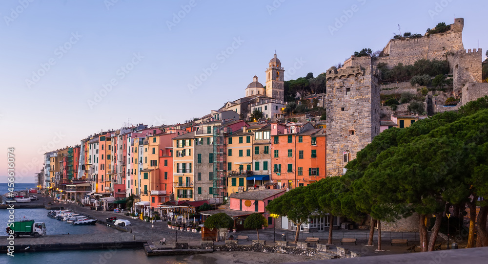 Evening view of Portovenere small colorful town with Doria Castle on Ligurian coast of Italy