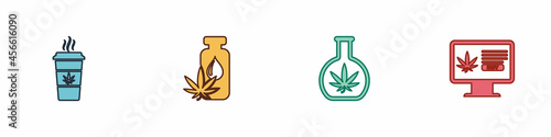 Set Cup coffee with marijuana, Marijuana or cannabis leaf oil, Test tube and Online buying icon. Vector