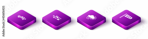 Set Isometric Wind and snow, rain, Cloudy with and Cone meteorology windsock wind vane icon. Vector