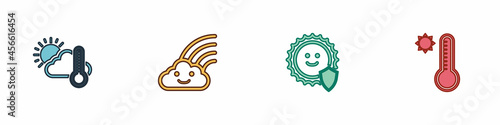 Set Thermometer and cloud, sun, Rainbow with, UV protection and Meteorology thermometer icon. Vector