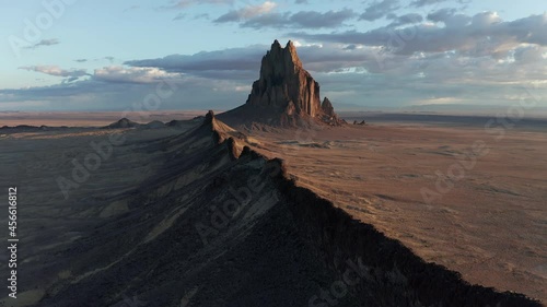 4K Aerial drone shot of Shiprock Mountain Navajo New Mexico volcano sunrise