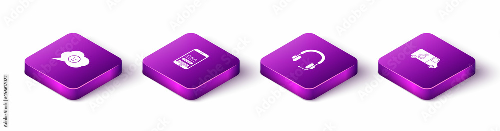 Set Isometric Speech bubble with angry smile, Mobile Question and Exclamation, Headphones and Car service icon. Vector Set Isometric Speech bubble with angry smile, Mobile Question and Exclamation, Headphones and Car service icon. Vector