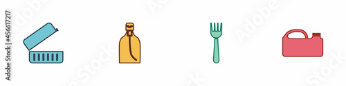 Set Lunch box, Bottle of liquid soap, Disposable plastic fork and Canister machine oil icon. Vector