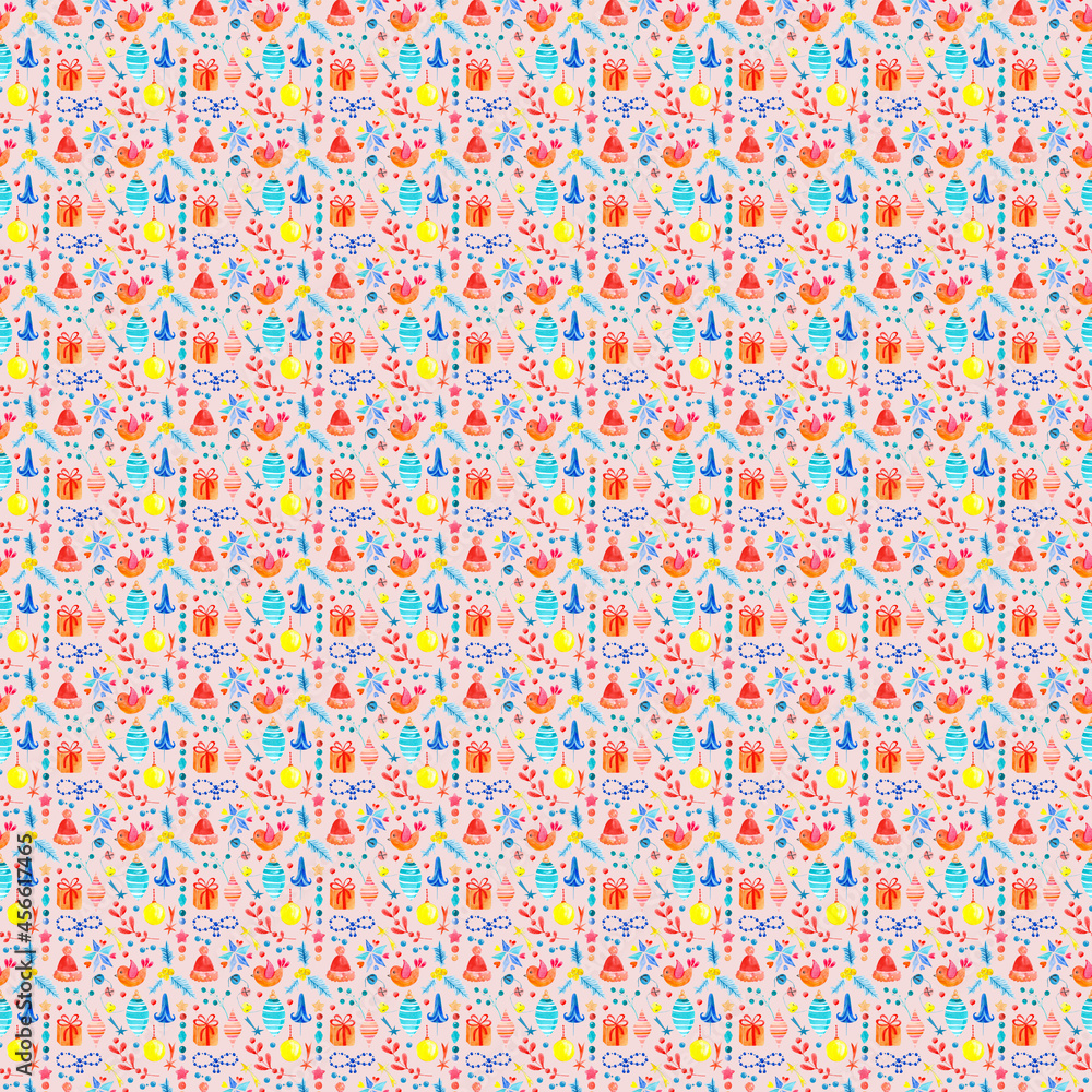 Seamless raster watercolor pattern of Christmas and New Year symbols. Elements and items of the holiday on the pink background. Seamless raster watercolor pattern of Christmas and New Year symbols. Elements and items of the holiday on the pink background.