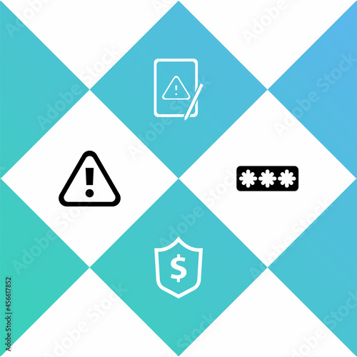 Set Exclamation mark in triangle  Shield with dollar  Tablet exclamation and Password protection icon. Vector