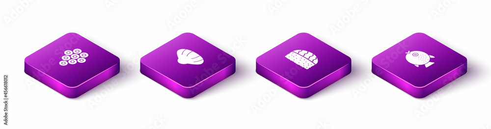Set Isometric Caviar, Scallop sea shell, Sushi and Puffer fish icon. Vector Set Isometric Caviar, Scallop sea shell, Sushi and Puffer fish icon. Vector