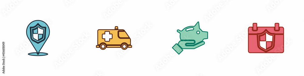 Set Location shield, Emergency car, Piggy bank and Calendar with icon. Vector Set Location shield, Emergency car, Piggy bank and Calendar with icon. Vector