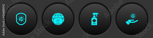 Set Shield protecting from virus, Earth with medical mask, Liquid antibacterial soap and Hand icon. Vector