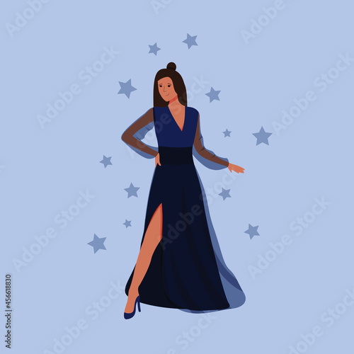 an elegant girl in a blue long evening dress