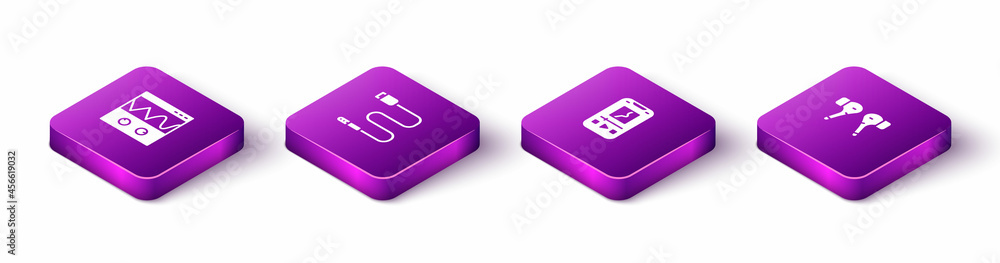 Set Isometric Oscilloscope, Audio jack, Music player and Air headphones icon. Vector Set Isometric Oscilloscope, Audio jack, Music player and Air headphones icon. Vector