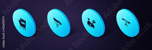 Set Isometric Bicycle handlebar, Stationary bicycle, seat and Gloves icon. Vector