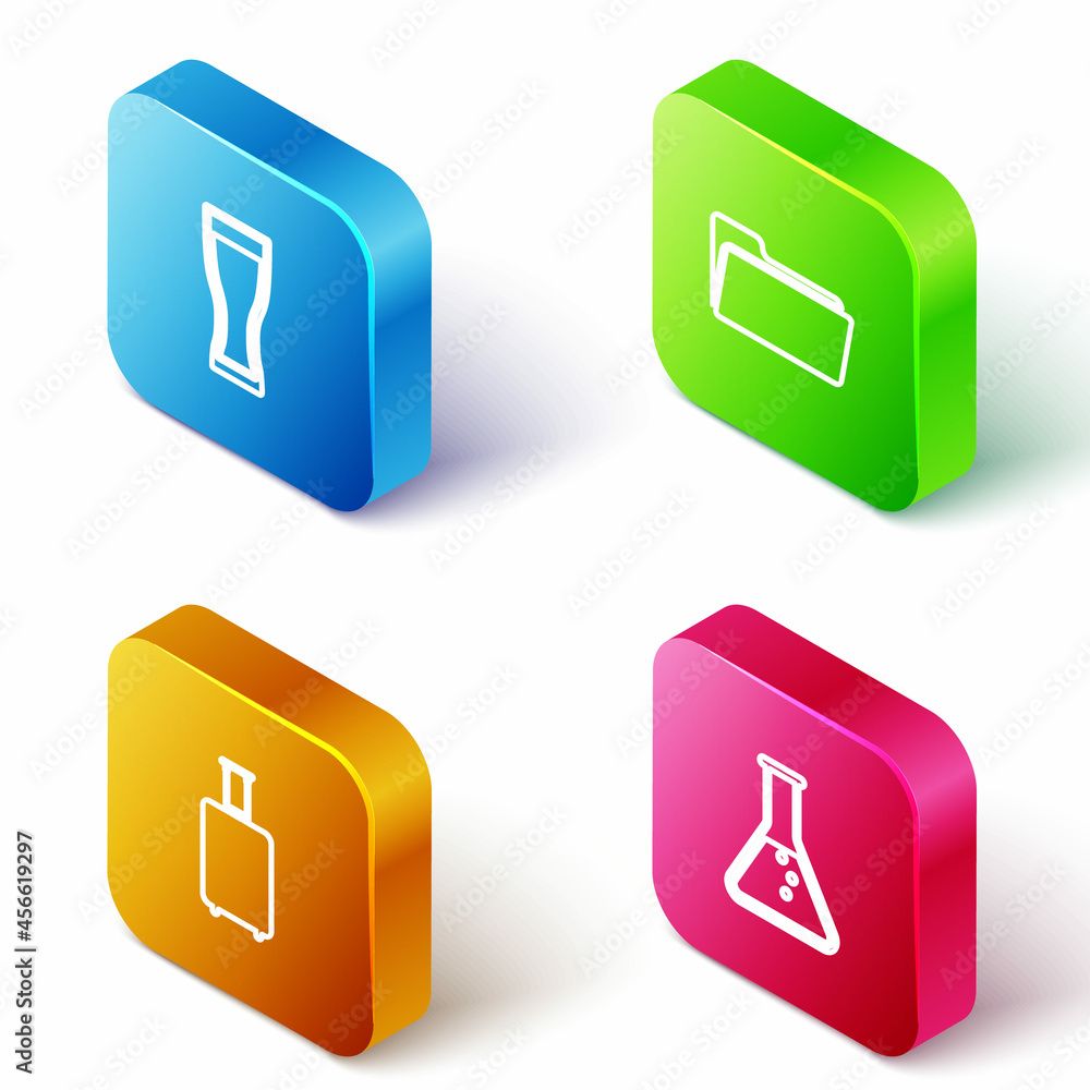 Set Isometric line Glass of beer, Folder, Travel suitcase and Test tube and flask icon. Vector Set Isometric line Glass of beer, Folder, Travel suitcase and Test tube and flask icon. Vector