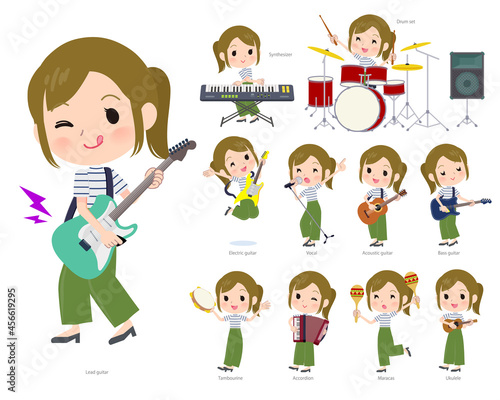 ロックンロールやポップミュージックを演奏するカジュアルファッション女性のセット