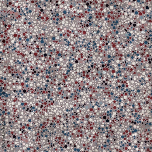 Seamless red white and blue pattern of packed polygons with overlay texture. High quality illustration. Stylish and sophisticated confetti terrazzo motif swatch in repeat. Grungy but simple elements