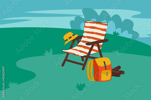 Camping and Traveling. A home among the trees, a holiday trip. Life in the forest folding chair, campfire, tent, camping, mobile home. Vector illustration photo