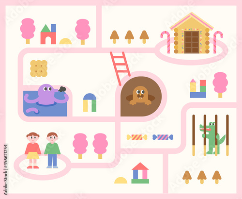 Maze game template. A girl and a boy looking for a house of sweets. flat design style vector illustration