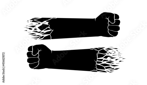 Isolated male fists and forearm with decay effect. Flying fist or symbol of victory isolate on white background. Black silhouette male fist with white lines, monochrome elements. Vector set