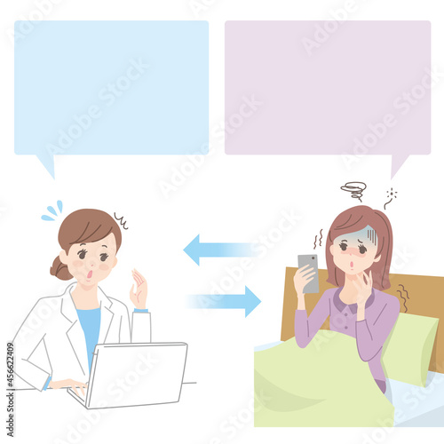 スマホでオンライン診療を受ける若い女性と医師