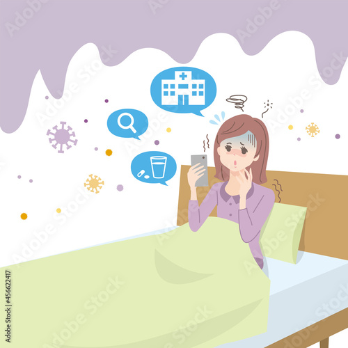 体調不良の女性がスマホで病院を探している様子