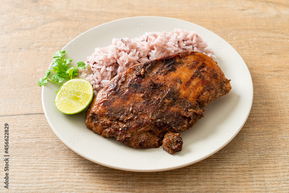 spicy grilled Jamaican jerk chicken with rice spicy grilled Jamaican jerk chicken with rice