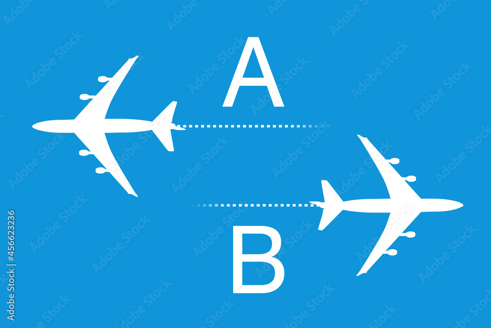 Airplane route control. Aviation logistics management concept. Choosing a route in logistics business. Letters a and b next to planes. Aviation logistics symbols on blue background.