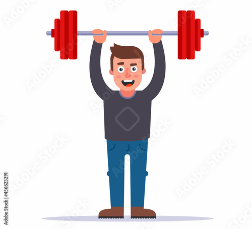 the man easily raises the bar. flat character vector illustration