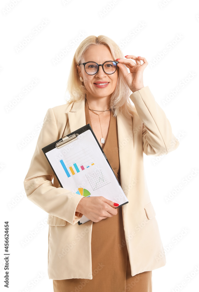 Portrait of mature businesswoman with documents on white background Portrait of mature businesswoman with documents on white background