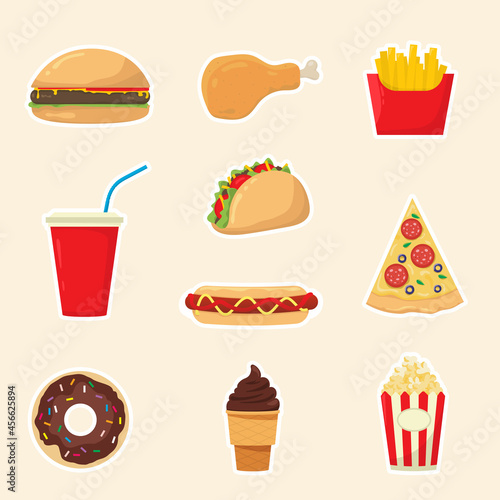 Fast Food Set. Vector collection of fast food icons in cartoon style. 