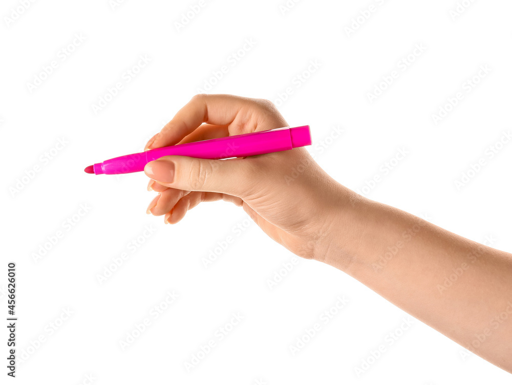 Woman holding felt tip pen on white background Woman holding felt tip pen on white background