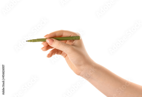 Vászonkép Woman holding felt tip pen on white background
