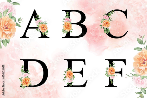Watercolor floral alphabet set of a, b, c, d, e, f with hand drawn flowers and leaves