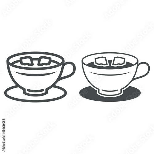 Cup of coffee with lumps of sugar on saucer line and solid icon, hot beverages concept, mug vector sign on white background, outline style icon for mobile concept and web design. Vector graphics.
