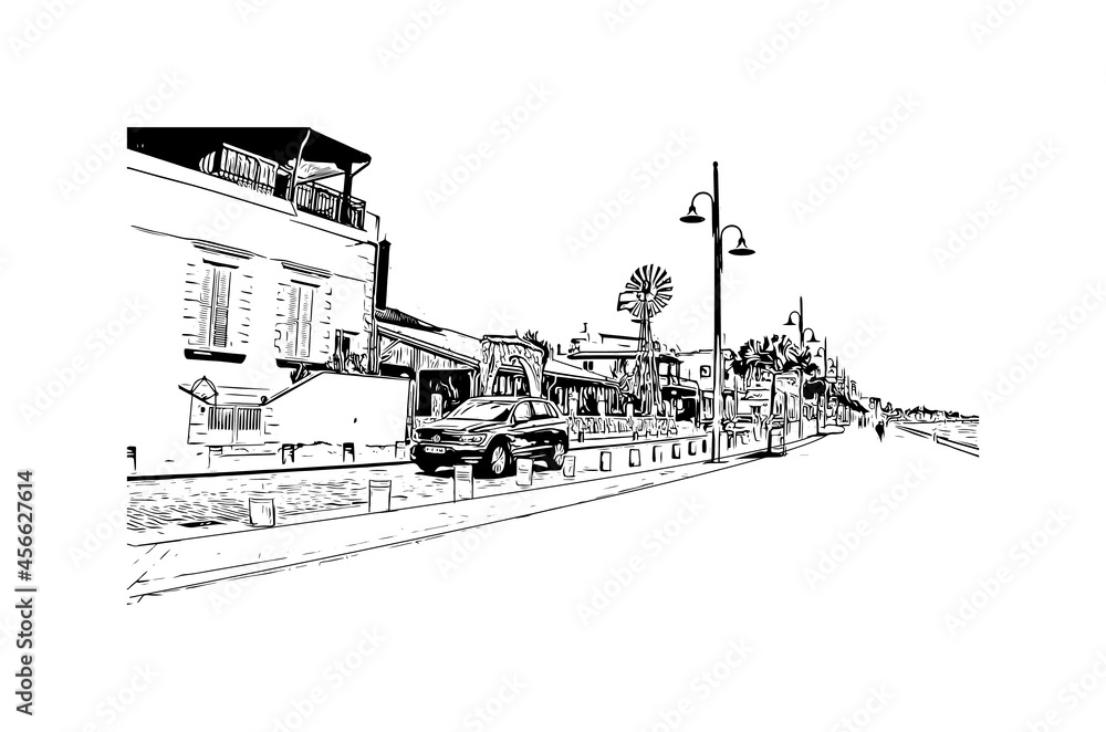 Building view with landmark of Larnaca is the 
city in Cyprus. Hand drawn sketch illustration in vector.