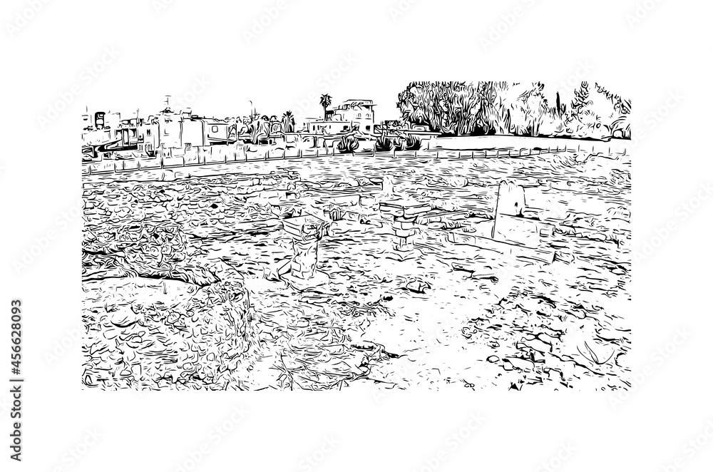 Building view with landmark of Larnaca is the 
city in Cyprus. Hand drawn sketch illustration in vector.