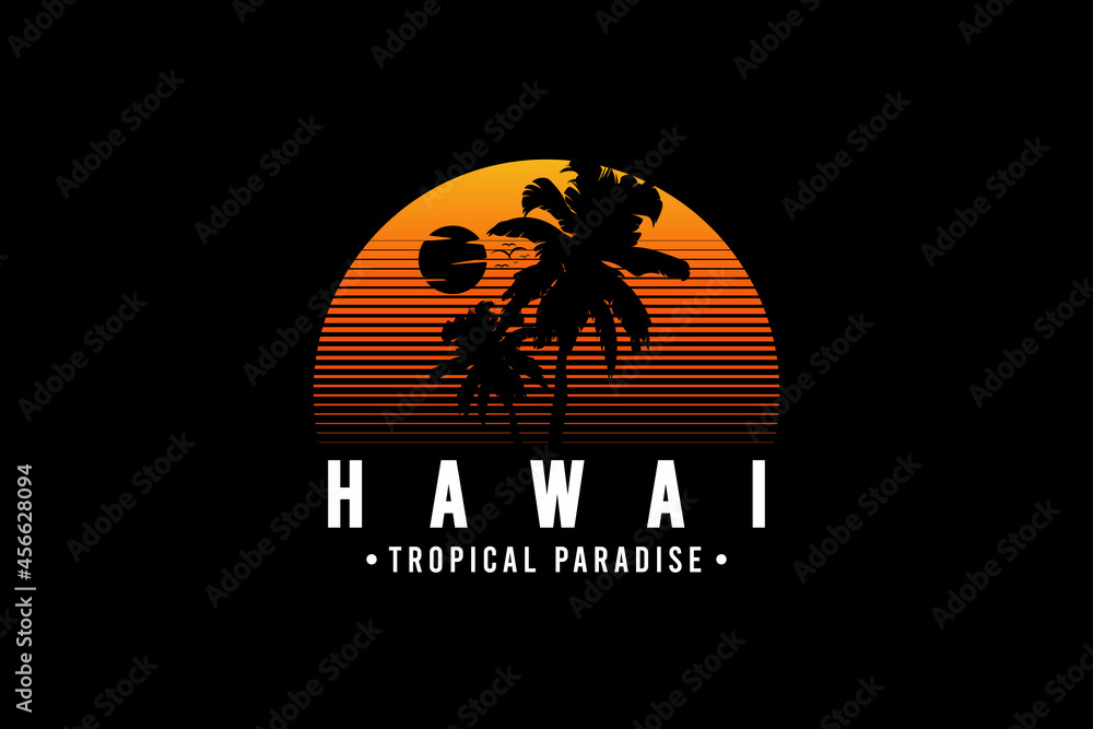 Hawaii tropical paradise,retro vintage style hand drawing illustration