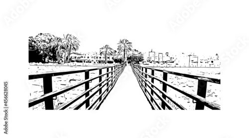 Building view with landmark of Larnaca is the 
city in Cyprus. Hand drawn sketch illustration in vector.