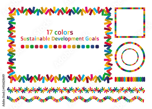 持続可能な開発目標 SDGsのイメージ 17色で構成された美しいフレームと飾り罫線のセット SDGsをイメージした17色で構成されたデザイン ベクター
 Sustainable Development Goals. A set of beautiful frames and decorative ruled lines in 17 colors, the image of the SDGs.  photo