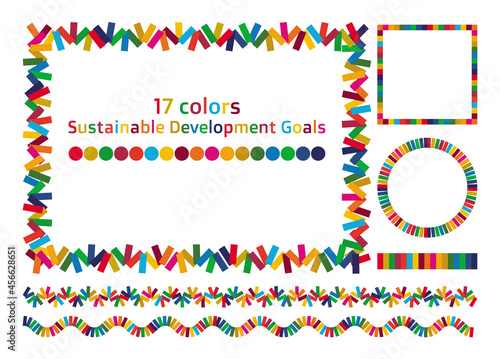 持続可能な開発目標 SDGsのイメージ 17色で構成された美しいフレームと飾り罫線のセット SDGsをイメージした17色で構成されたデザイン ベクター
 Sustainable Development Goals. A set of beautiful frames and decorative ruled lines in 17 colors, the image of the SDGs.  photo