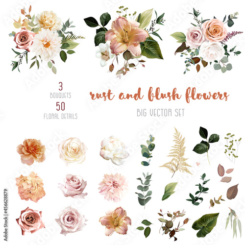 Rust orange and blush pink antique rose, beige and pale flowers, creamy dahlia